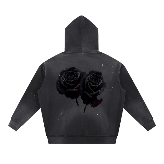 Black rose Vintage Washed Frayed Fleece Hoodie