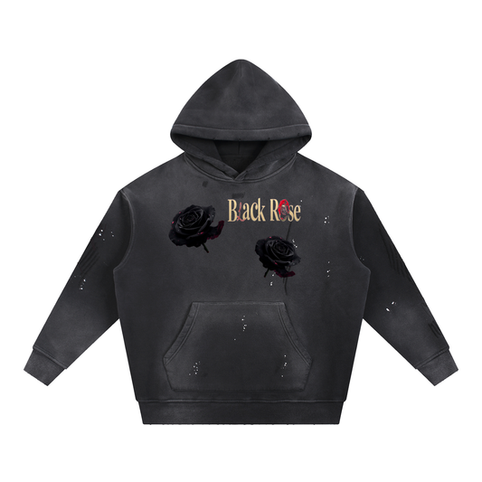 Black rose Vintage Washed Frayed Fleece Hoodie